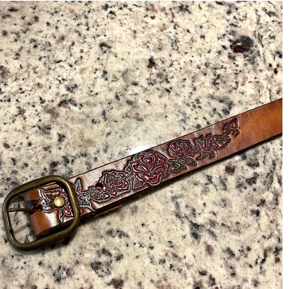 BeltStop‎ Tooled Leather Rose Belt Women 34/36 Tan Western Boho Floral Handcraft